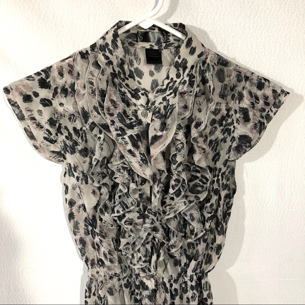 Sheer Animal Print Ruffled Front Blouse - Picture 2 of 8